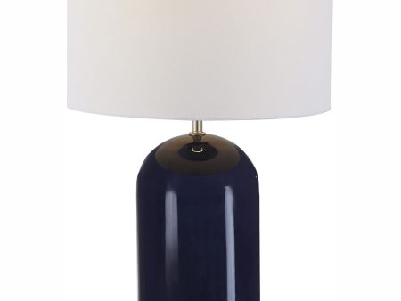 27 H 1-Light Table Lamp Ceramic and Metal in Navy Blue and Brushed Nickel with a Round Shade For Sale