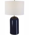 27 H 1-Light Table Lamp Ceramic and Metal in Navy Blue and Brushed Nickel with a Round Shade For Sale