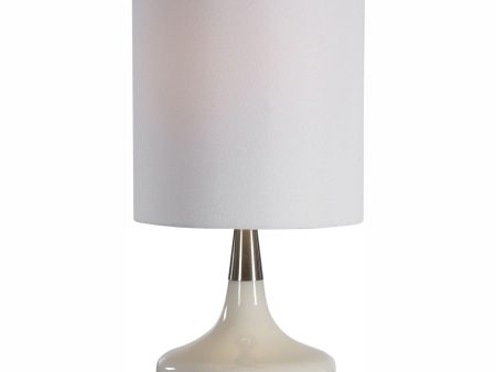 25 H 1-Light Table Lamp Steel and Glass in Brushed Nickel and White with a Drum Shade on Sale