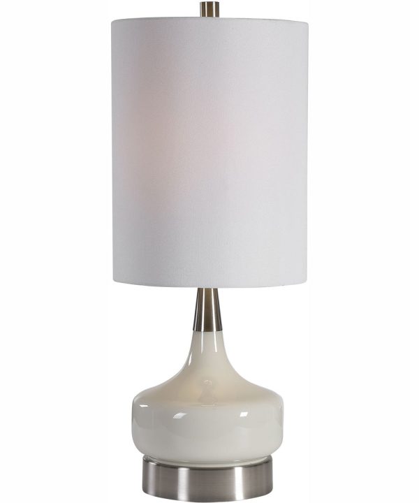 25 H 1-Light Table Lamp Steel and Glass in Brushed Nickel and White with a Drum Shade on Sale