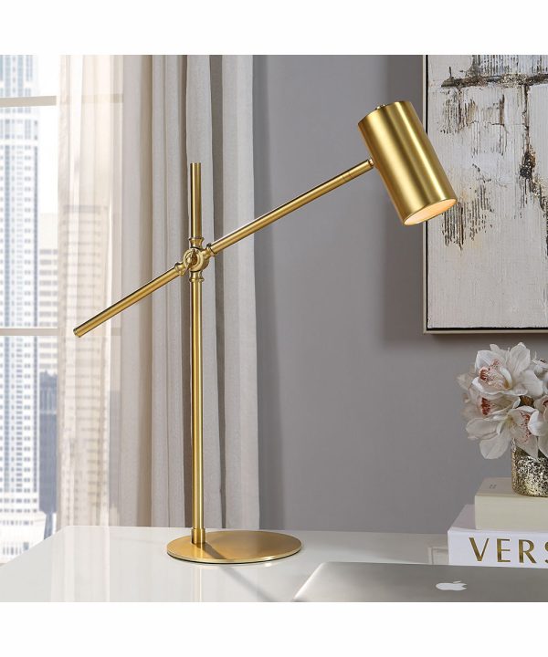 25 H 1-Light Desk Lamp Metal in Brushed Gold with a Metal Shade For Sale