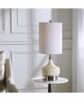 25 H 1-Light Table Lamp Steel and Glass in Brushed Nickel and White with a Drum Shade on Sale