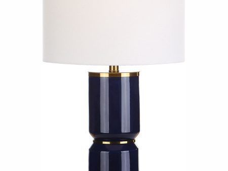 26 H 1-Light Table Lamp Ceramic and Metal in Royal Blue and Antique Gold with a Drum Shade Cheap