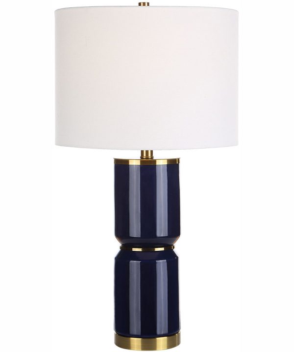 26 H 1-Light Table Lamp Ceramic and Metal in Royal Blue and Antique Gold with a Drum Shade Cheap