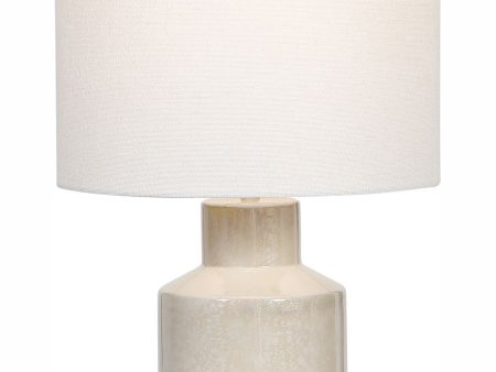 21 H 1-Light Table Lamp Ceramic and Steel in Cream and Blue with a Rolled-Edge Drum Shade Sale