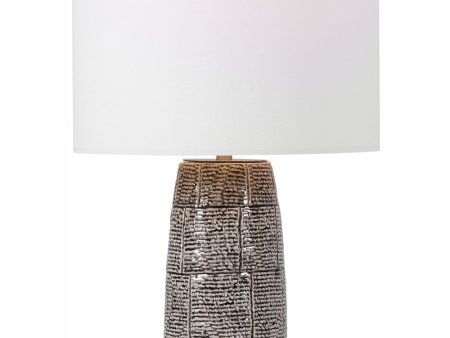 25 H 1-Light Table Lamp Ceramic and Iron in Black and White and Brushed Nickel with a KD Round Drum Shade Sale