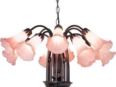 24  Wide Pink Tiffany Pond Lily 12 Light Chandelier For Sale