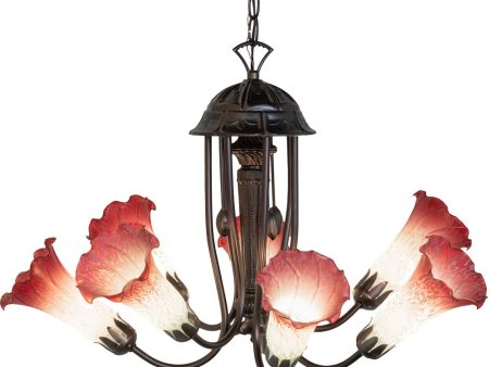 24  Wide Pink White Tiffany Pond Lily 7 Light Chandelier For Sale