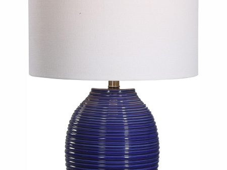 24 H 1-Light Table Lamp Ceramic and Steel in Indigo Blue and Brushed Nickel with a Drum Shade Online Hot Sale