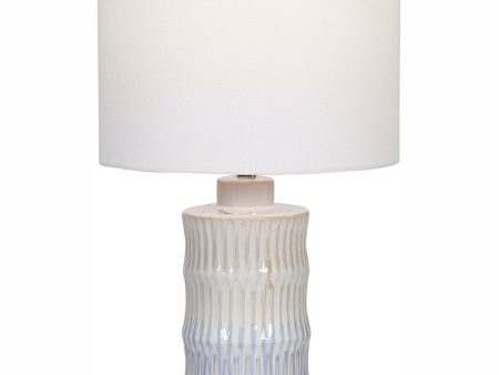 23 H 1-Light Table Lamp Ceramic and Steel in Cream and Tan and Blue with a Rolled-Edge Drum Shade For Sale